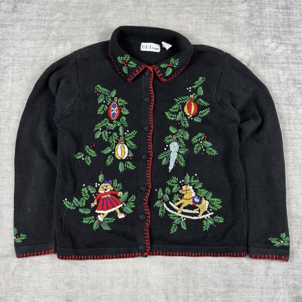 B.P‎  Sweater Womens Small Black Vtg 90s Cardigan Winter Christmas Ornaments